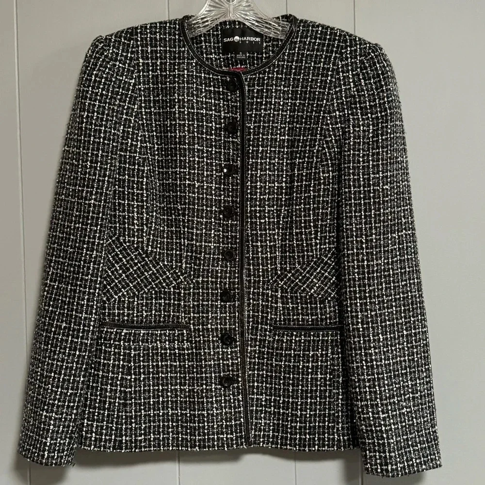 SAG HARBOR Black White Metallic Silver Woven Jacket / Blazer Sequin Trim Size 8